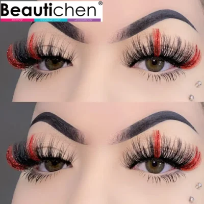 Beautichen Full Strip Eyelashes Wholesale 15-25mm Colored False Lashes Thick Full Fluffy Dramatic Natural Eyelashes with Shiny Glitter 3D Mink Strip Lashes