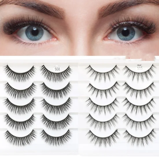 Factory Wholesale Handmade 5D Nature Set Thick Eyelashes 5 Pairs Synthetic Fiber False Eyelashes